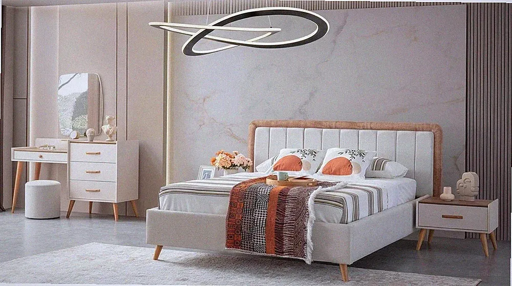 Schlafzimmer Set Bett Schrank 2x Nachttische Kommode Spiegel Hocker Hell