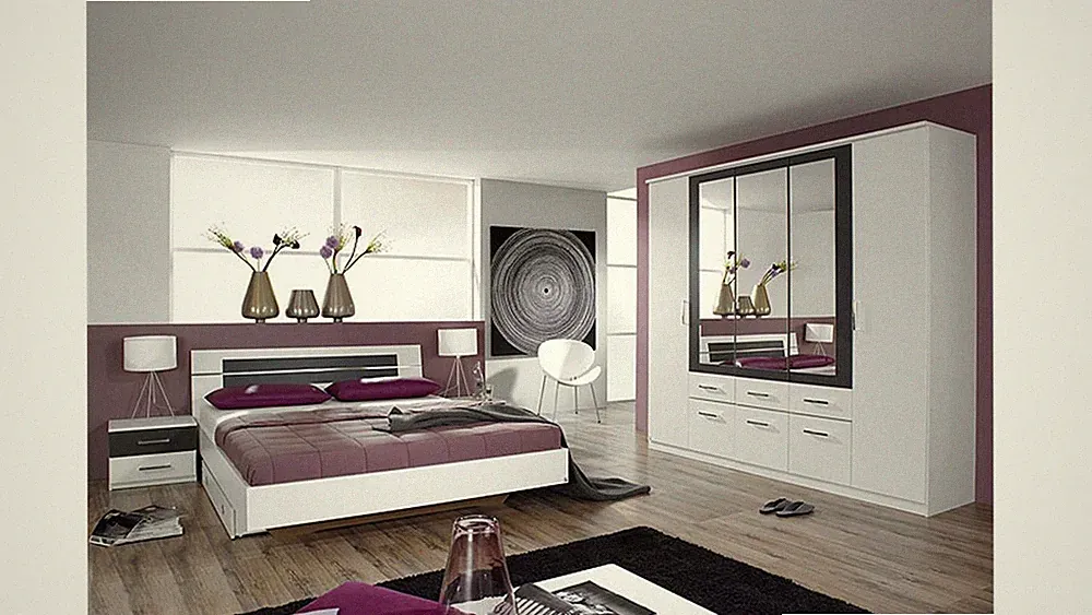 Schlafzimmer-Set Burano Kleiderschrank Bett Nachtkommoden in Weiß und Grau 4-tlg
