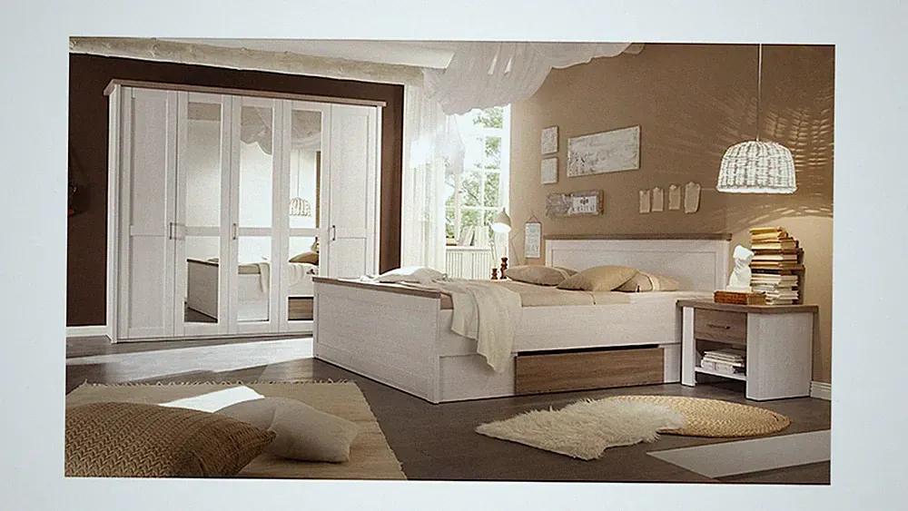Schlafzimmer Set komplett Luca Schrank Bett Nachtkommode Pinie weiß Trüffel