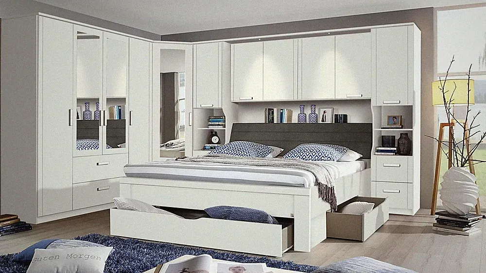 Schlafzimmer Set Lindau Kleiderschrank Bett Bettbrücke in weiß mit Spiegel