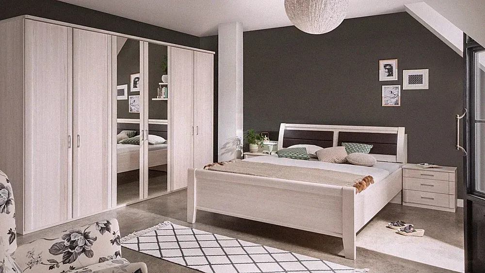 Schlafzimmer Set Luxor Bett Kleiderschrank Nachtkommode Spiegel in Polar Lärche
