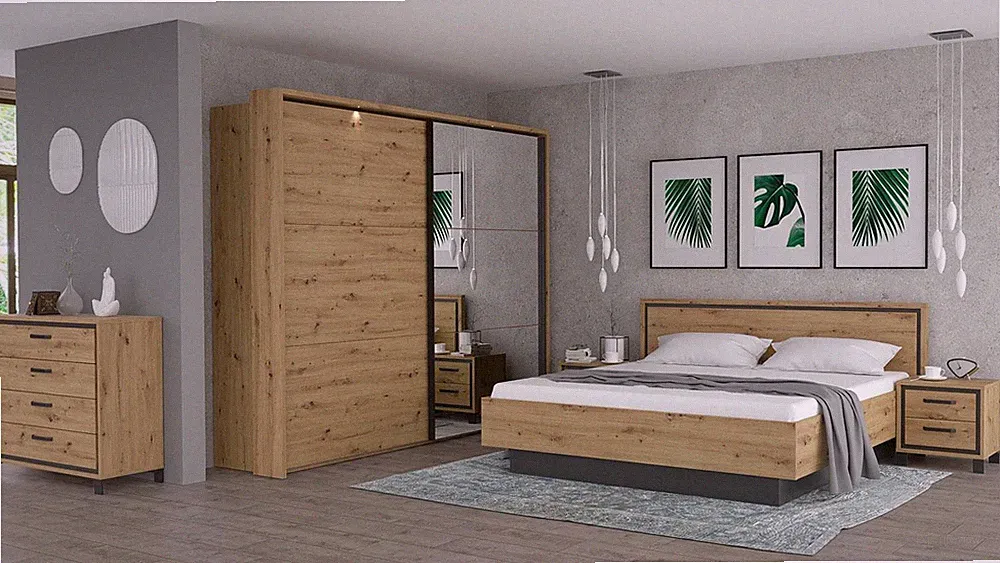 Schlafzimmer Set Trondheim 5-tlg Bett Kommode Schrank Nachtkommode Artisan Eiche