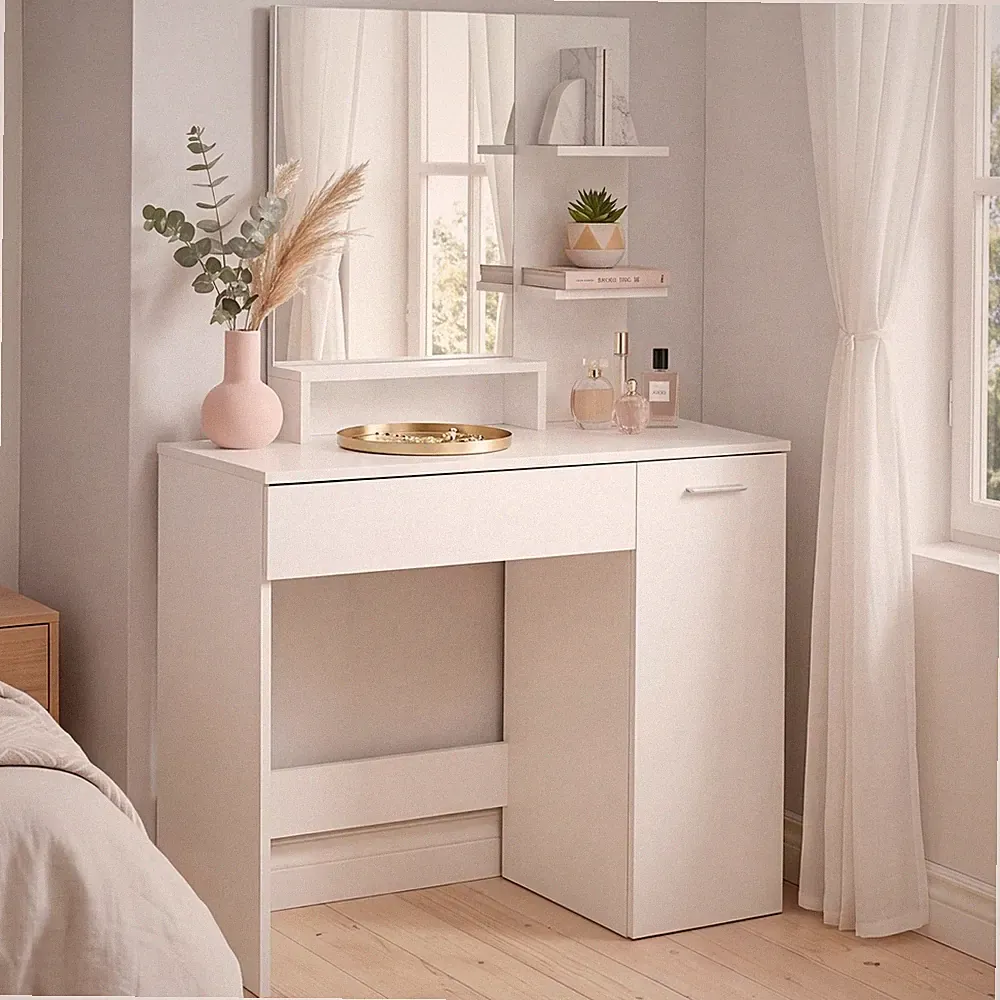 Schminktisch 90cm Kosmetiktisch Frisiertisch Weiß Spiegel Make-Up-Tisch Regal