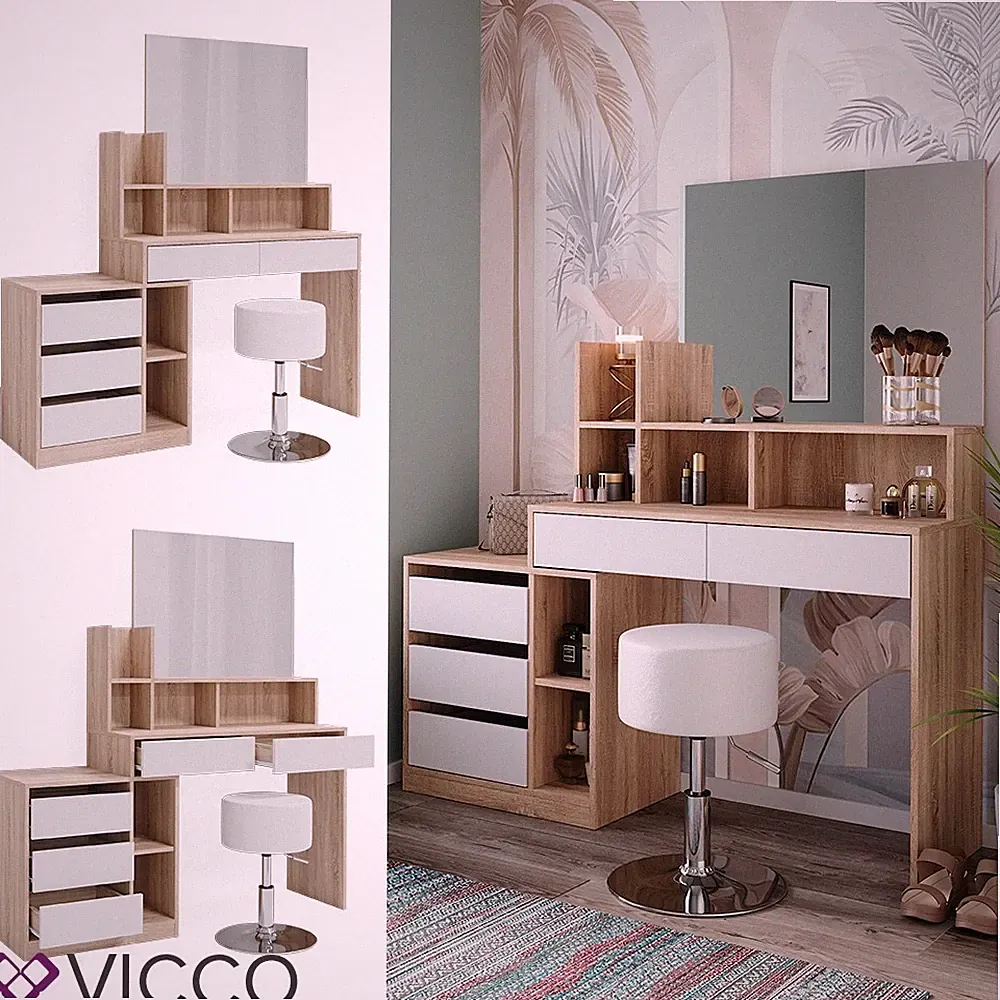 Schminktisch Anja 139,8 x 115 cm Sonoma Weiß Spiegel Hocker Frisiertisch Vicco