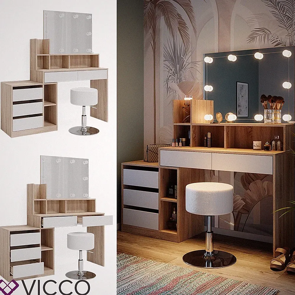 Schminktisch Anja 139,8 x 115 cm Sonoma Weiß Spiegel Hocker LED modern Vicco