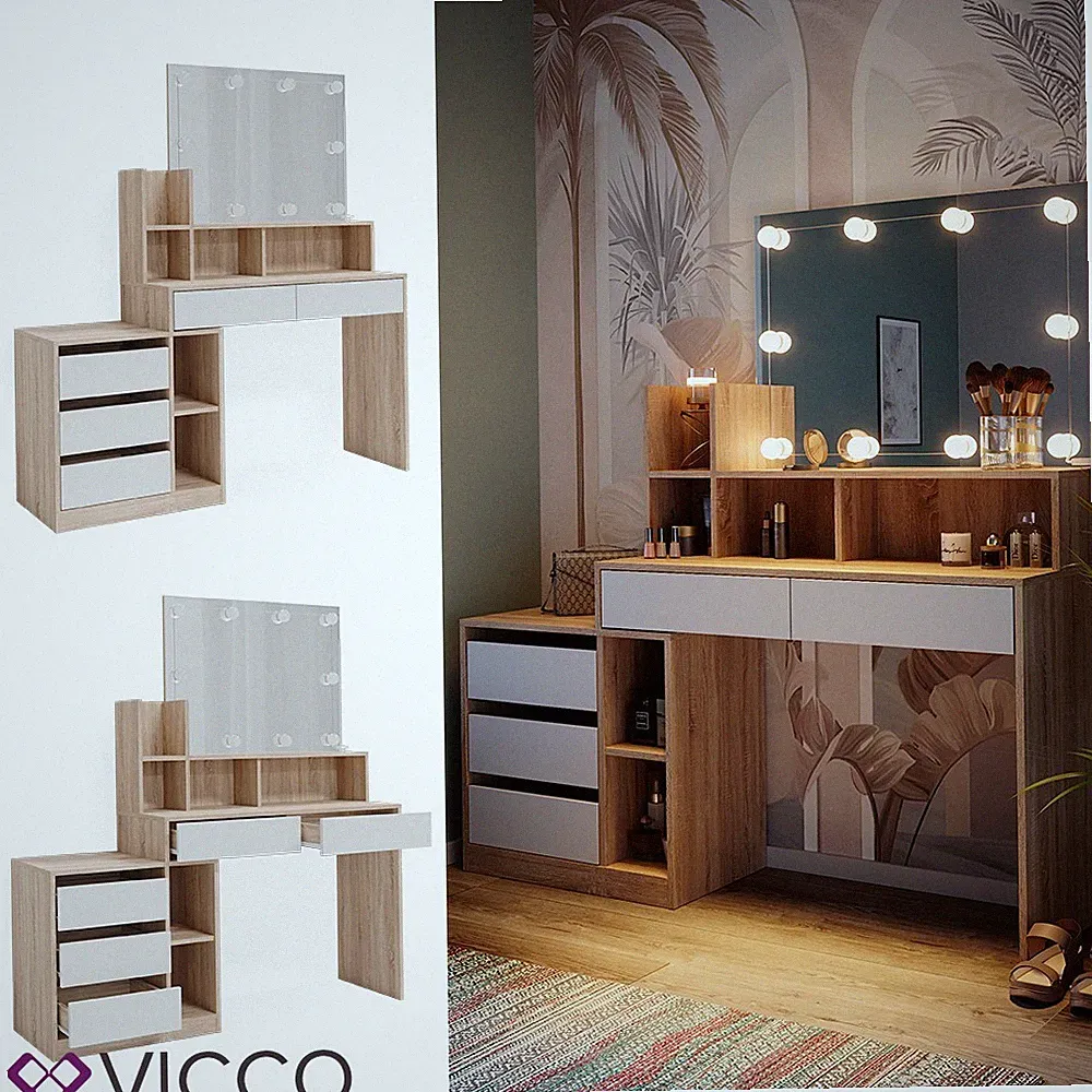 Schminktisch Anja 139,8 x 115 cm Sonoma Weiß Spiegel LED Frisiertisch Vicco