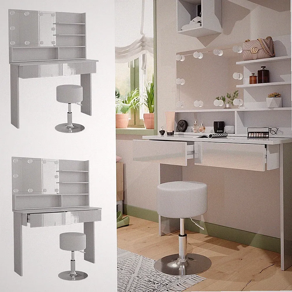 Schminktisch "Azur", Weiß, 120 cm mit Spiegelregal, Hocker & LED-Licht Vicco