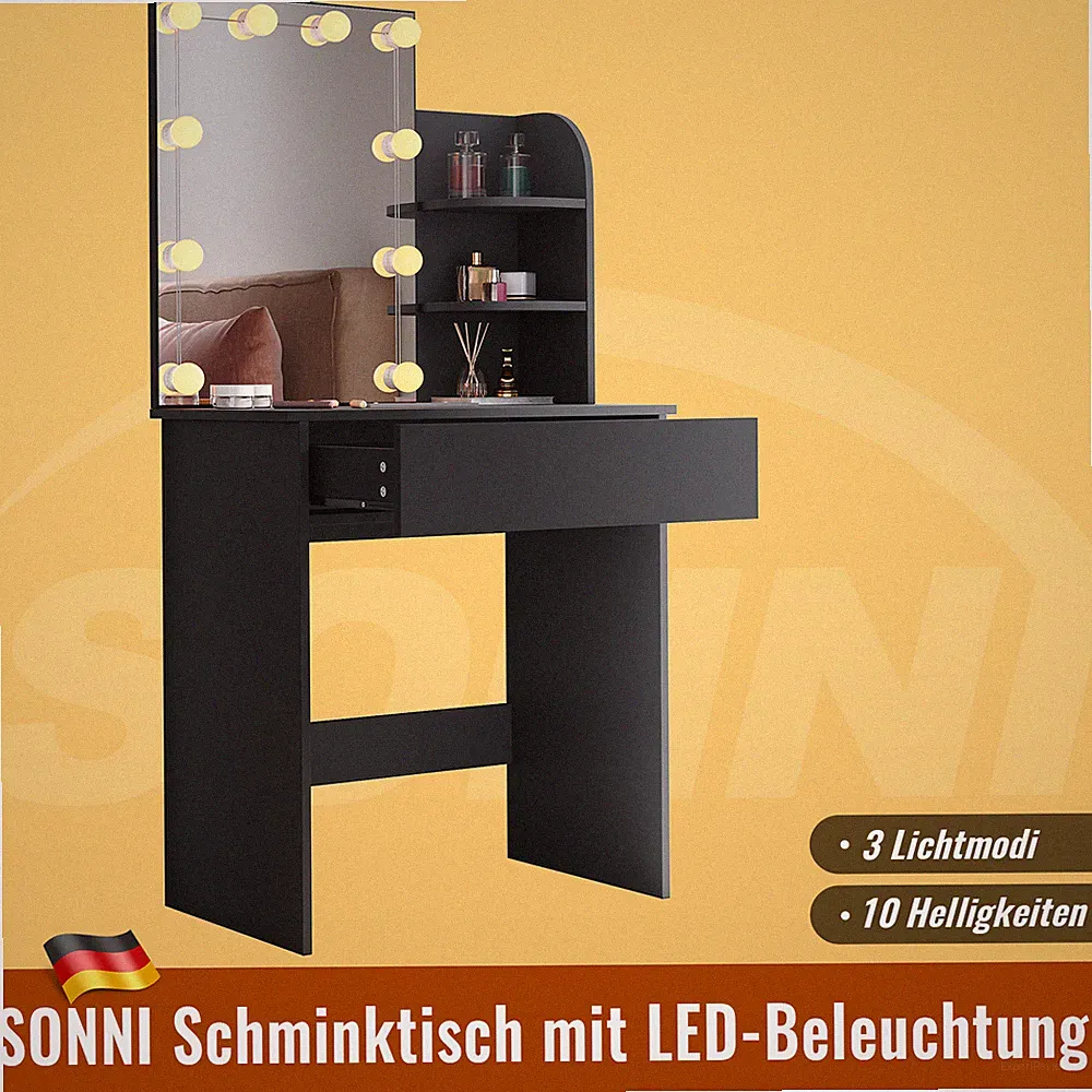 Schminktisch Frisiertisch mit LED-Beleuchtung Spiegel Schublade Schwarz Make-up