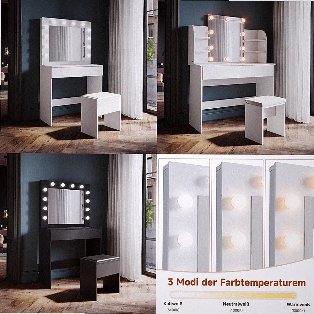 Schminktisch Frisiertisch Set Kosmetiktisch mit LED Beleuchtung Spiegel Hocker