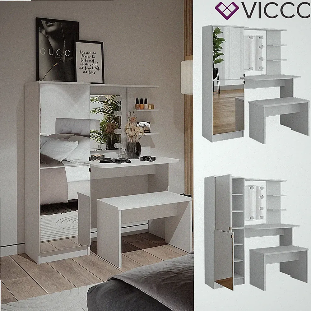 Schminktisch Jasmin Weiß 123 cm mit LED-Beleuchtung und Bank Vicco