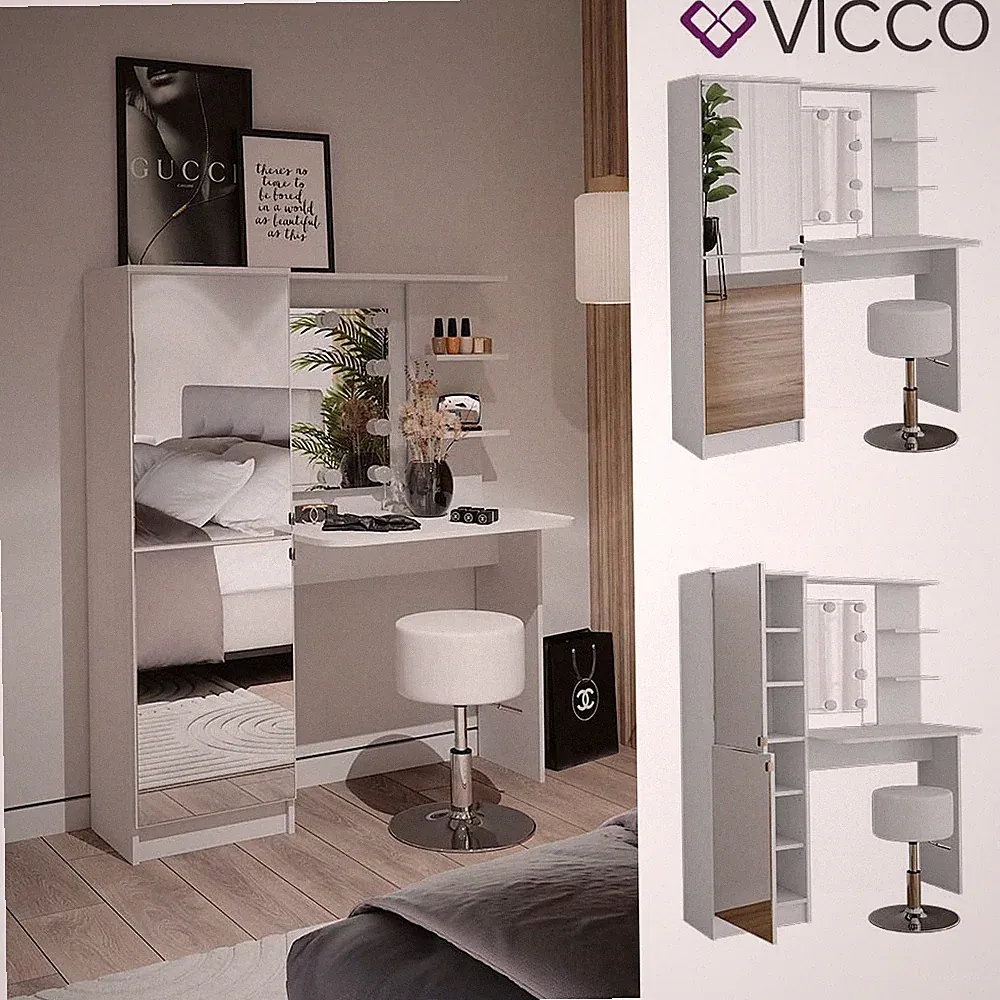 Schminktisch Jasmin Weiß 123 cm mit LED-Beleuchtung und Hocker Vicco