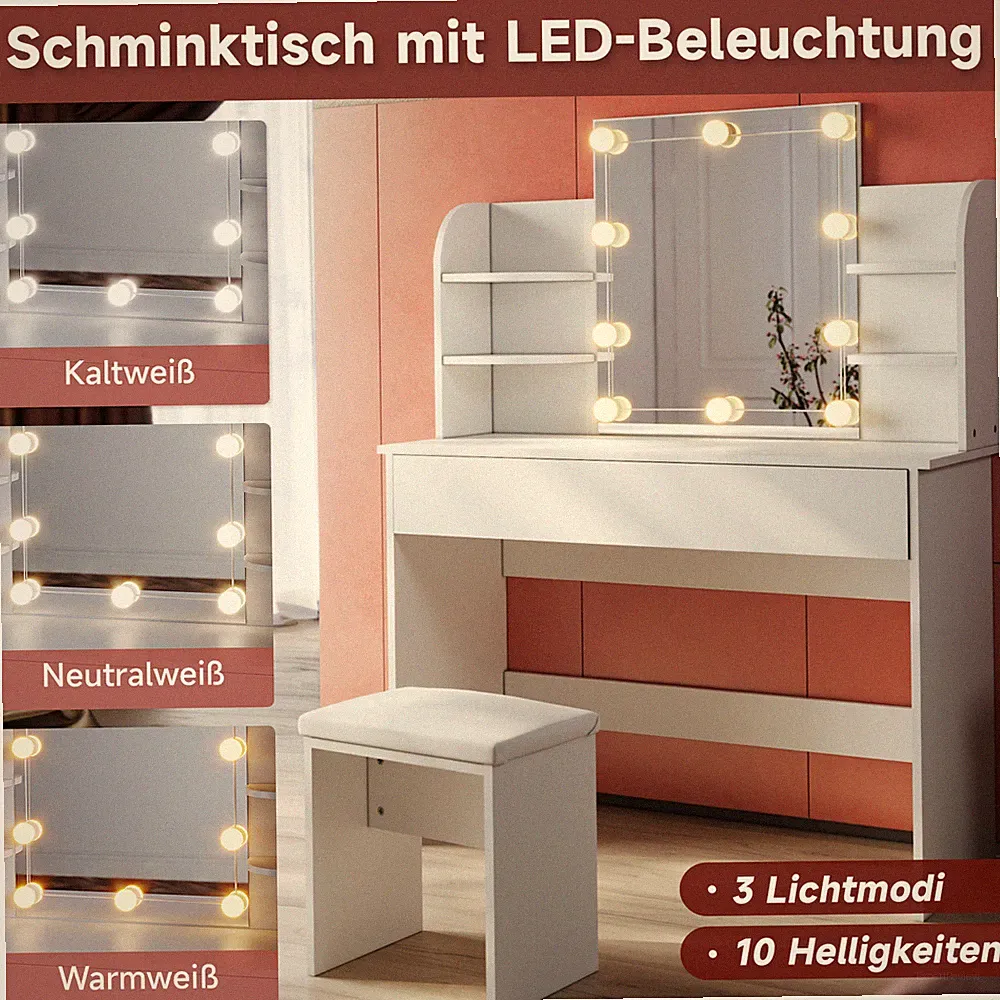 Schminktisch Kosmetiktisch Frisiertisch mit spiegel und hocker Beleuchtung Weiß