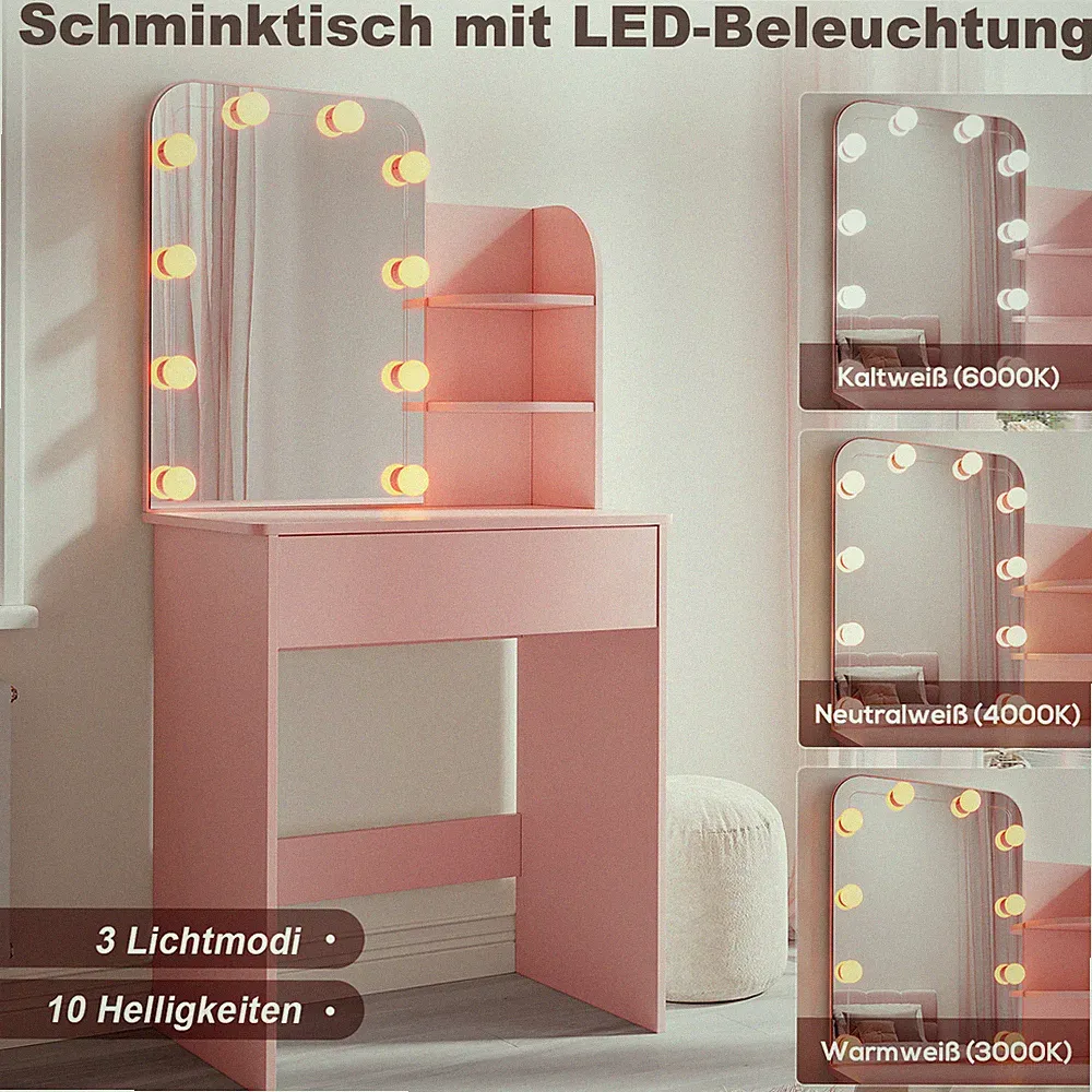 Schminktisch mit Beleuchtung Rosa Frisiertisch mit Spiegel Make-up Schlafzimmer