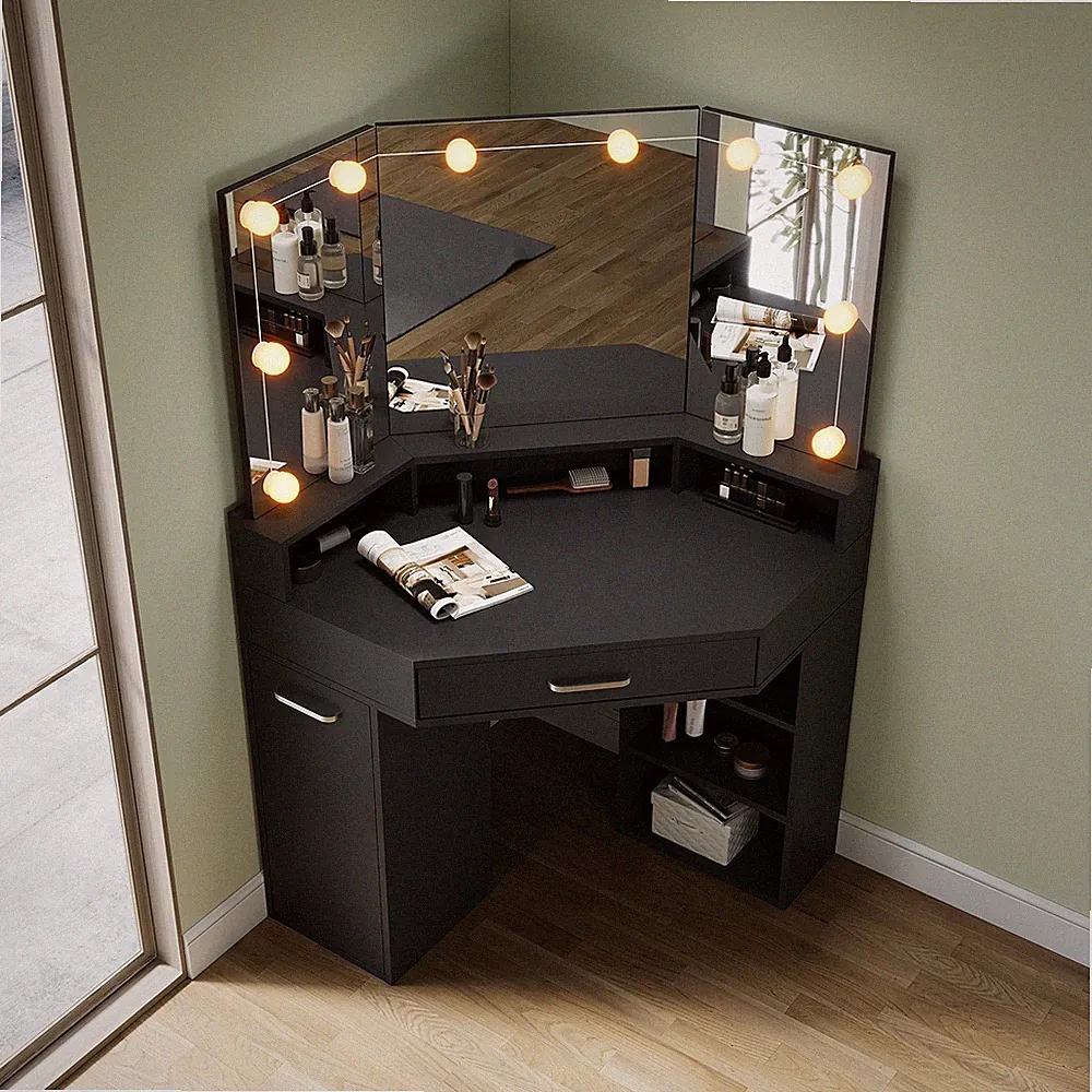 Schminktisch mit LED-3 Lichtfarben Spiegel Frisiertisch Modern Schwarz 141.5cm