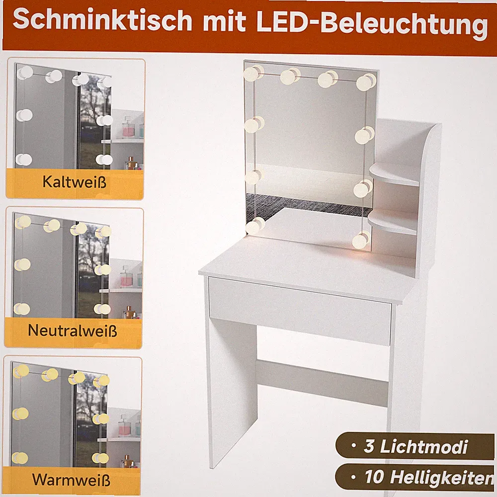 Schminktisch mit LED Beleuchtung Frisiertisch Kosmetiktisch Kommode Spiegel Weiß