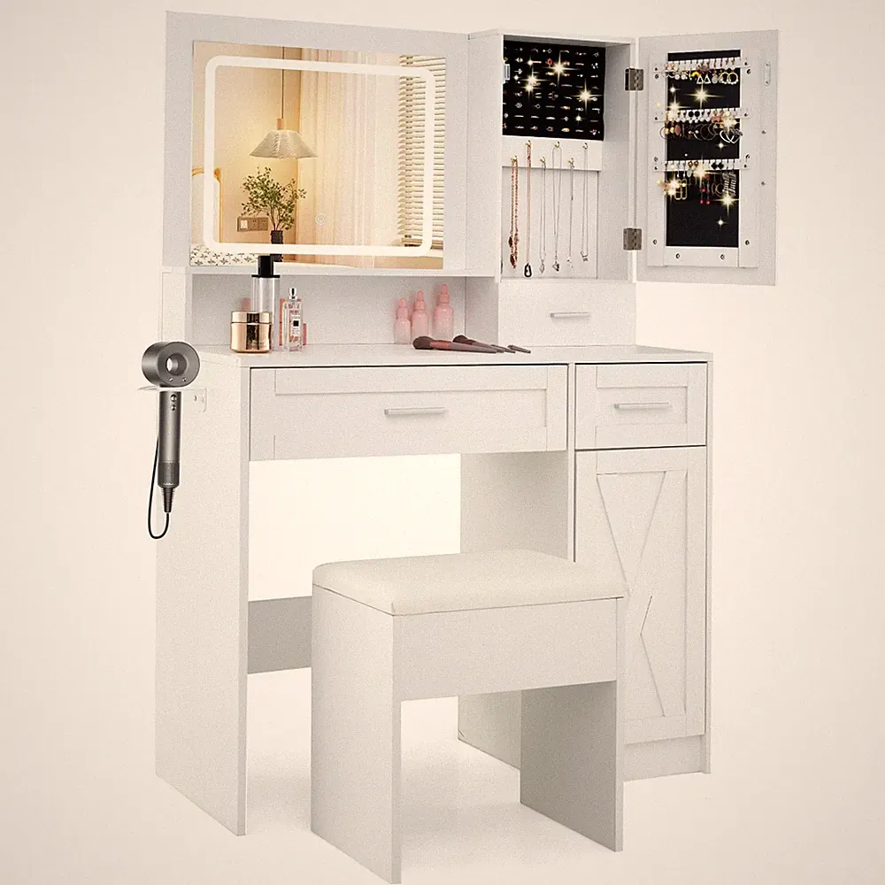 Schminktisch mit LED-Beleuchtung Frisiertisch mit Ladestation, Hocker