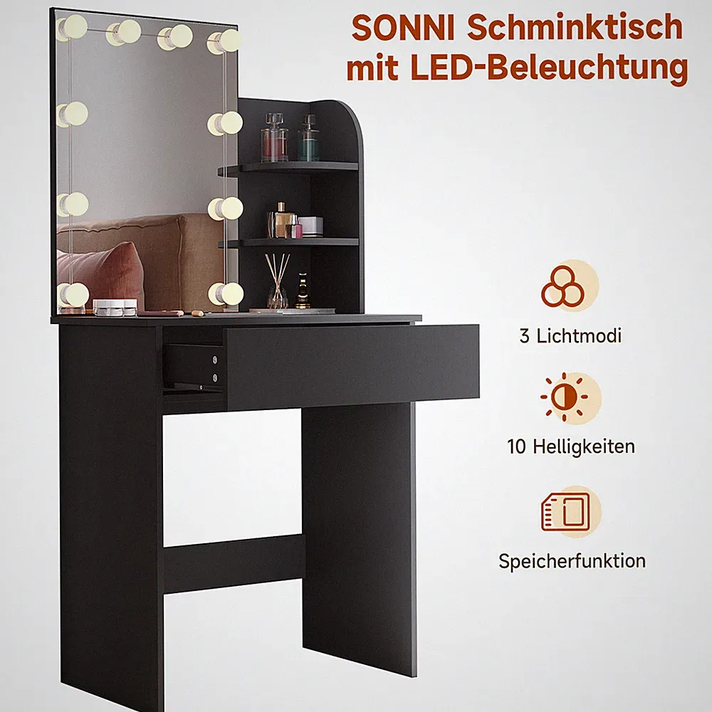 Schminktisch mit LED Beleuchtung Spiegel Schublade Kommode Kosmetiktisch Schwarz