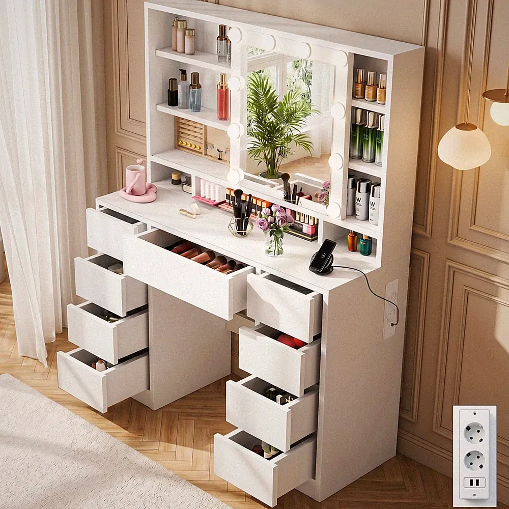 Schminktisch mit LED-Spiegelschrank Ladefunktion Frisiertisch Kosmetiktisch Weiß