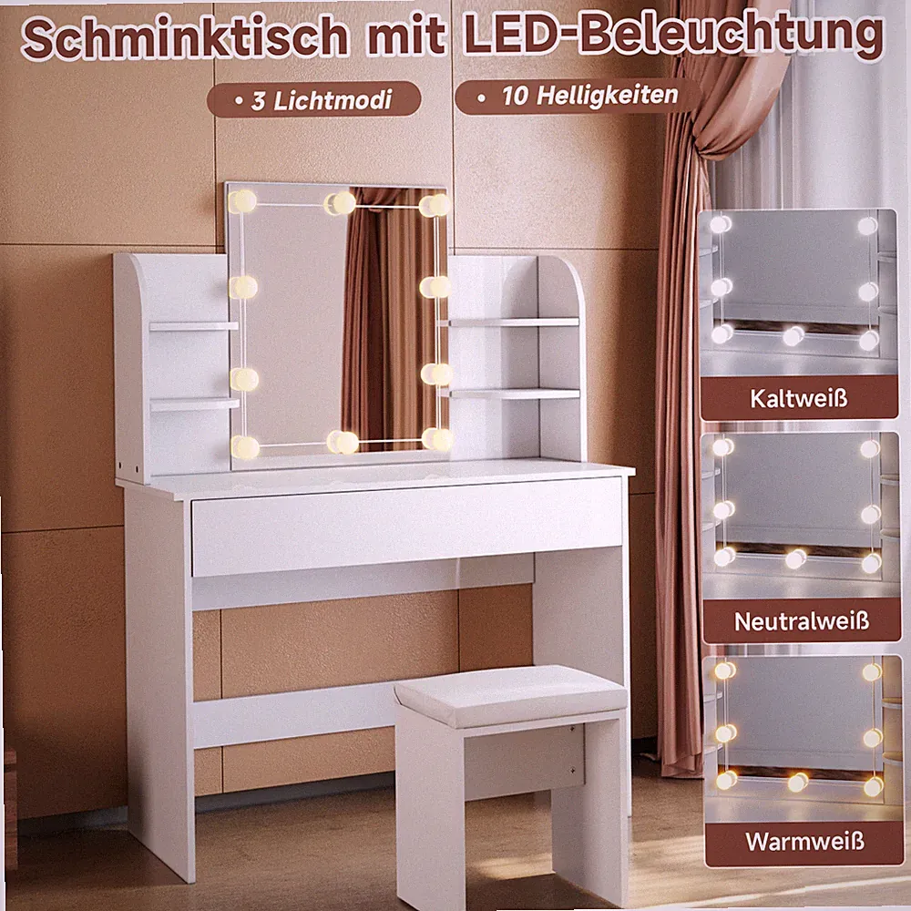 Schminktisch mit spiegel und hocker Beleuchtung Schublade Frisiertisch Weiß