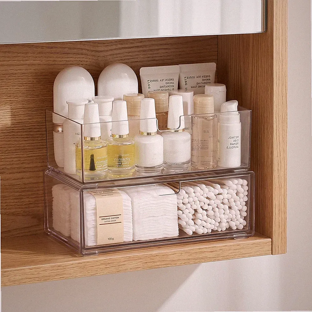 Schminktisch Organizer Set 2-teilig mit Schublade Spiegelschrank PET Kunststoff
