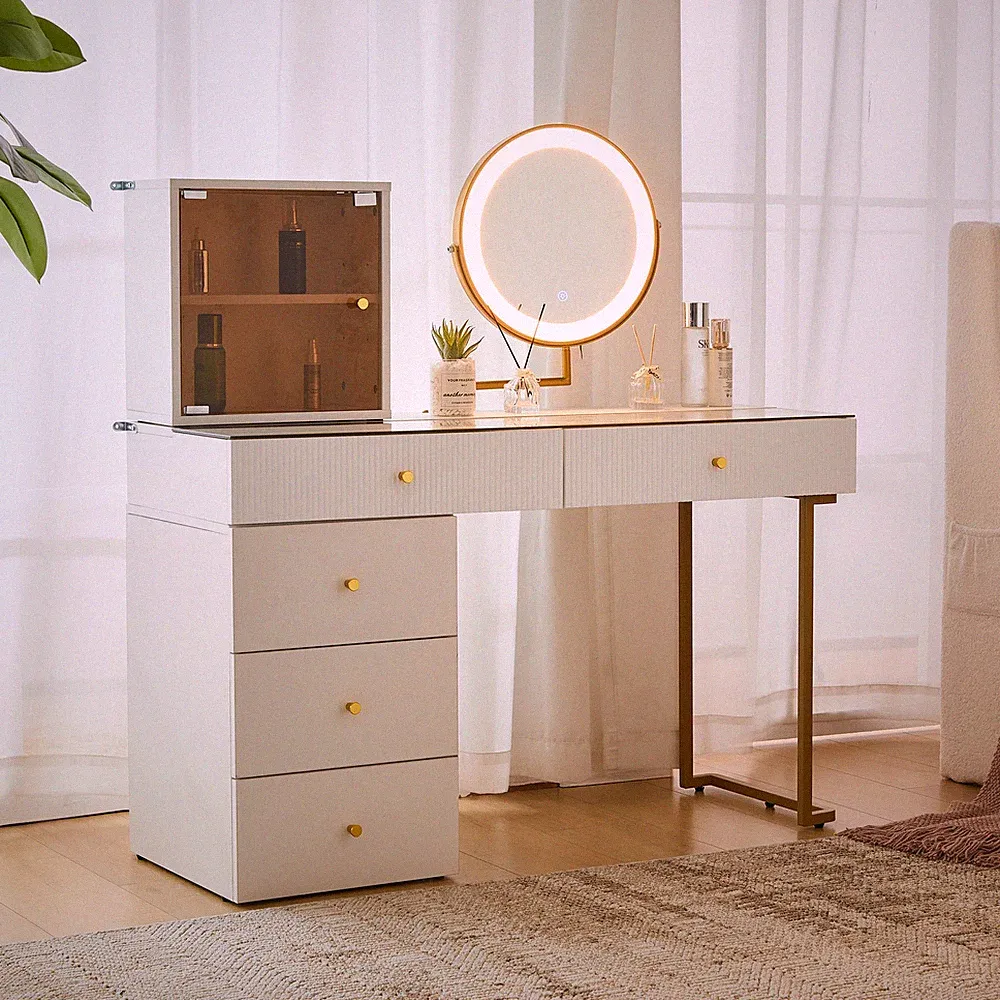 Schminktisch-Set mit LED-beleuchtetem Spiegel Schminktisch-Seite und Schrank