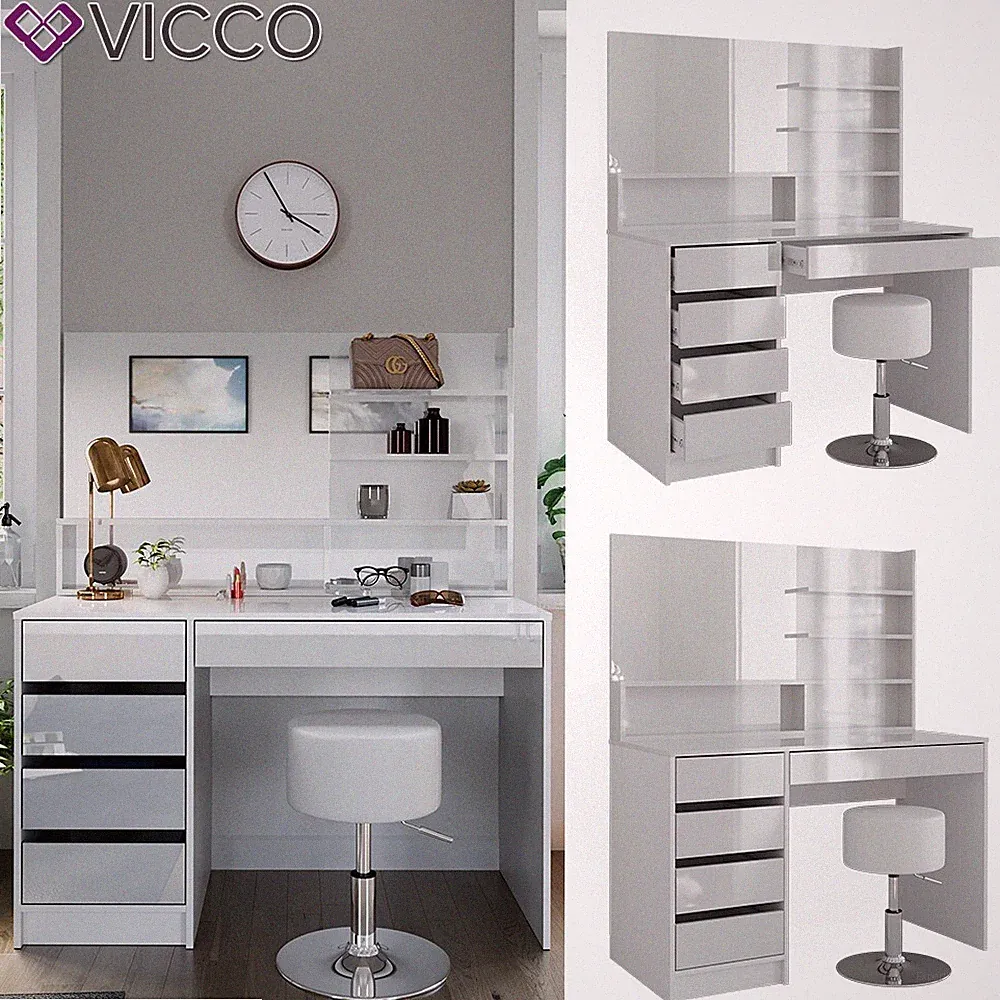 Schminktisch Sherry Weiß Hochglanz 120 x 75 cm Spiegel Regal Hocker modern Vicco