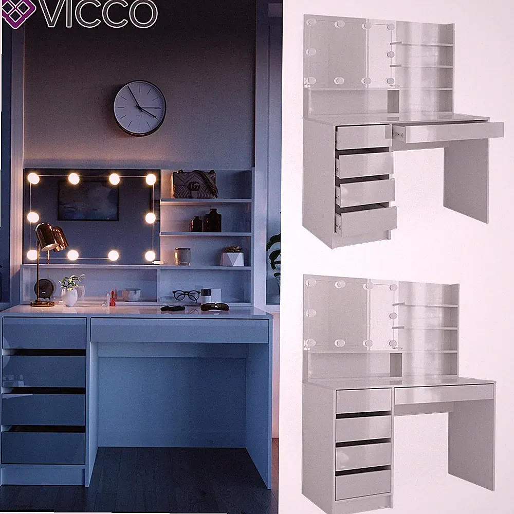 Schminktisch Sherry Weiß Hochglanz 120 x 75 cm Spiegel Regal LED modern Vicco