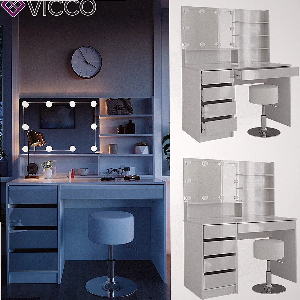 Schminktisch Sherry Weiß Hochglanz 120 x 75 cm Spiegelregal LED & Hocker Vicco