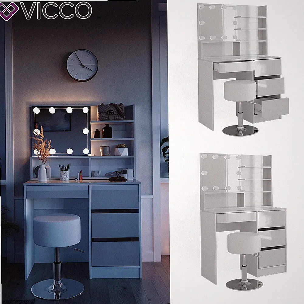 Schminktisch Sherry Weiß Hochglanz 90 x 75 cm Spiegel LED & Hocker Regal Vicco