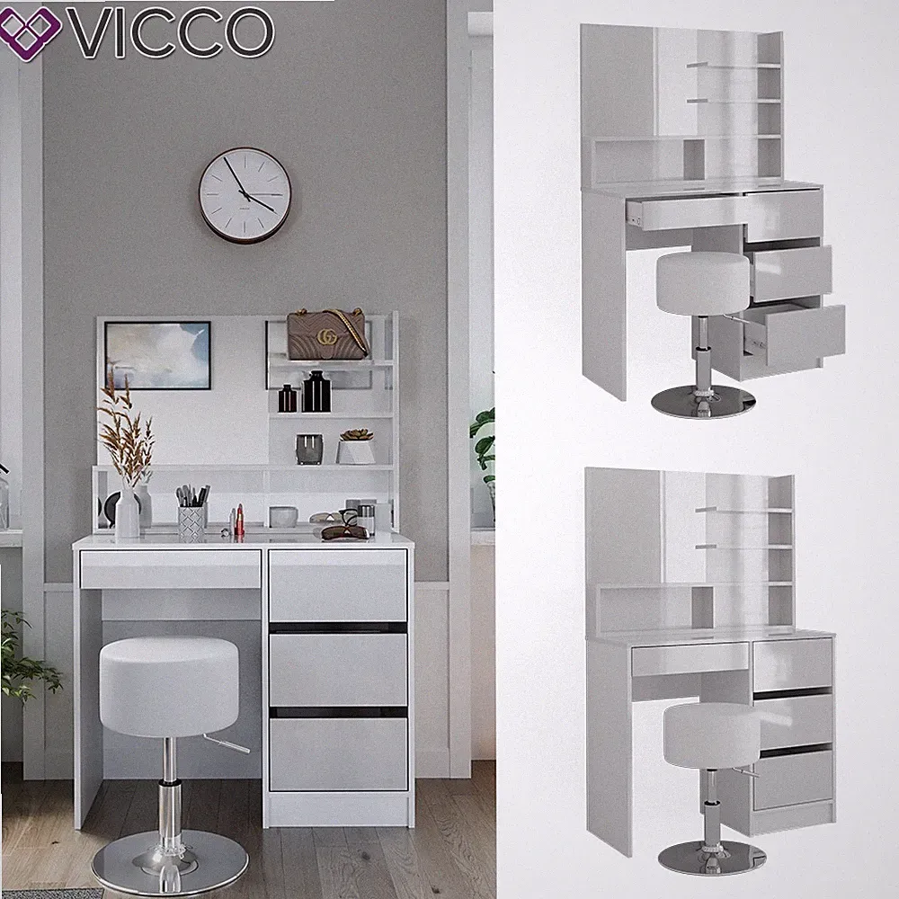 Schminktisch Sherry Weiß Hochglanz 90 x 75 cm Spiegel Regal Hocker modern Vicco