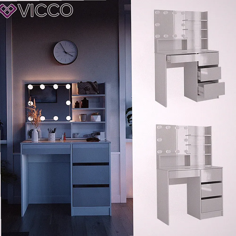 Schminktisch Sherry Weiß Hochglanz 90 x 75 cm Spiegel Regal LED modern Vicco