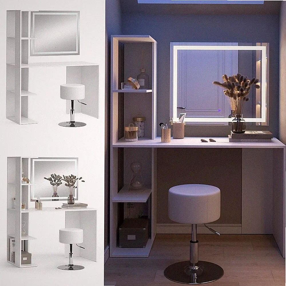 Schminktisch Tower Weiß 122 x 55 cm mit LED-Spiegel und Hocker Vicco