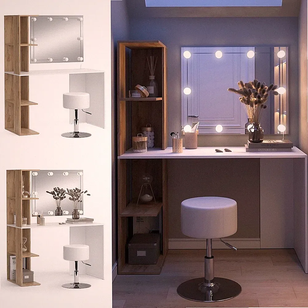 Schminktisch Tower Weiß Sonoma 122 x 55 cm mit Beleuchtung und Hocker Vicco