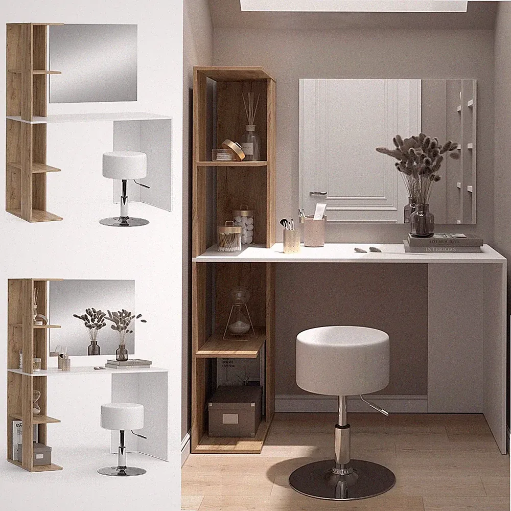 Schminktisch Tower Weiß Sonoma 122 x 55 cm mit Spiegel und Hocker Vicco