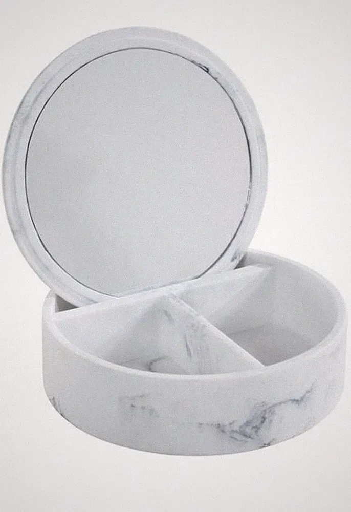 Schmuckschatulle mit Spiegel | Marmor-Imitat | Weiß | 3 Fächer | Schmuck-Kasten