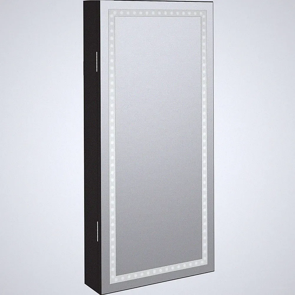 Schmuckschrank 31x9x67 cm Spiegel LED Beleuchtung Holz Glas Wandmontage Schwarz