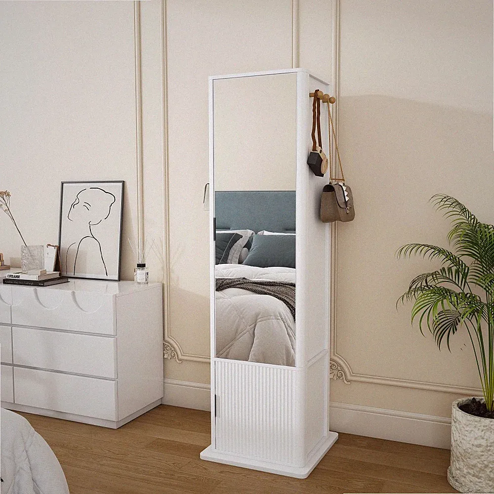 Schmuckschrank 360 drehbar mit Ganzkörperspiegel Stauraum Regal Weiß 50x50x170cm
