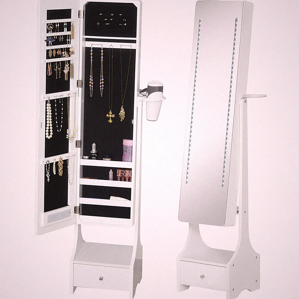Schmuckschrank Ganzkörperspiegel mit LED Beleuchtung freistehende Schublade weiß