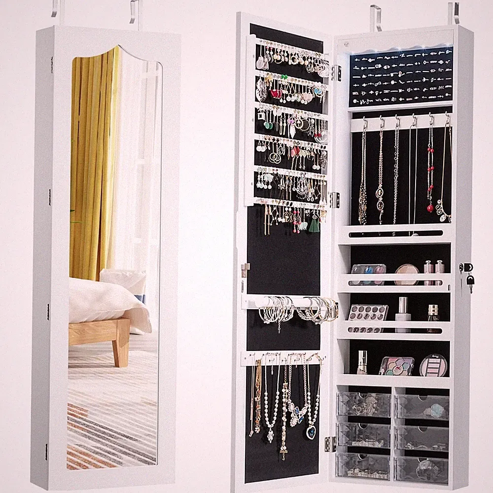 Schmuckschrank hängend Sipegelschrank mit LED-Beleuchtung Spiegel und 6 Schub...