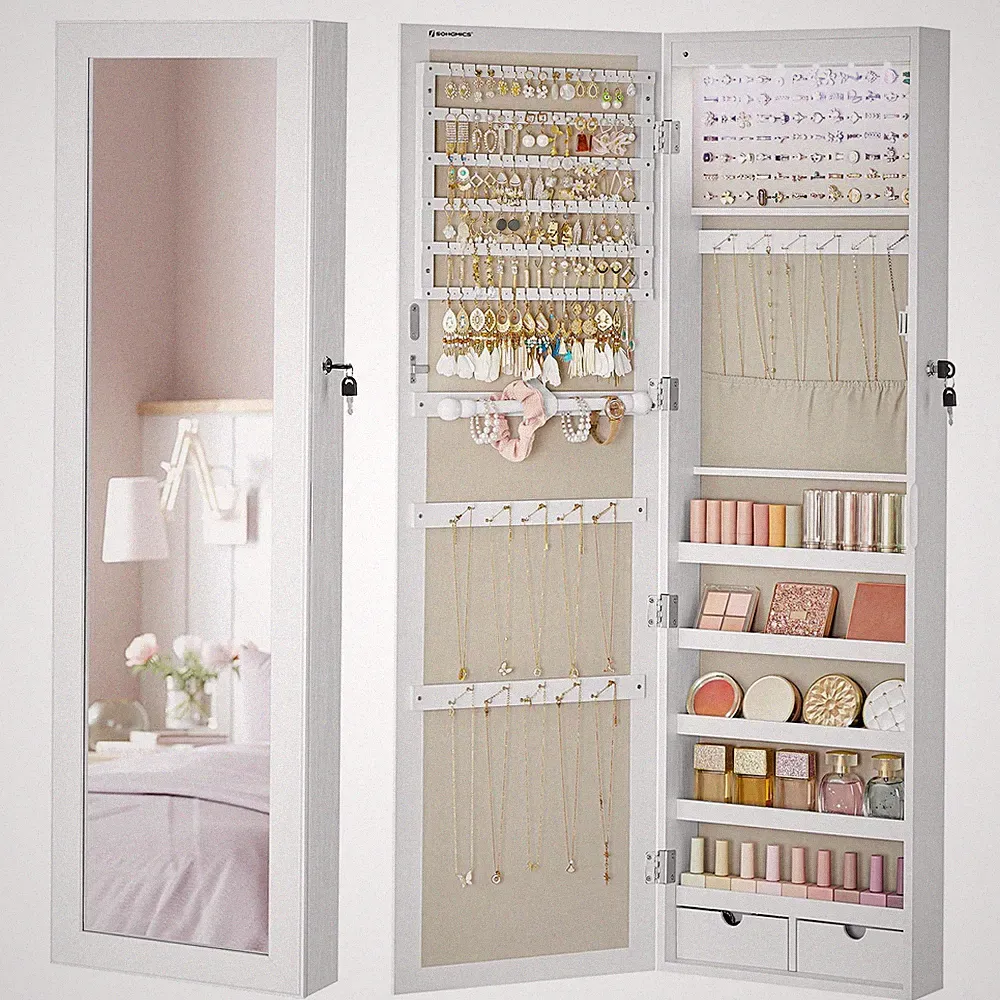 Schmuckschrank hängend, Wandspiegel, 6 LED-Glühbirnen