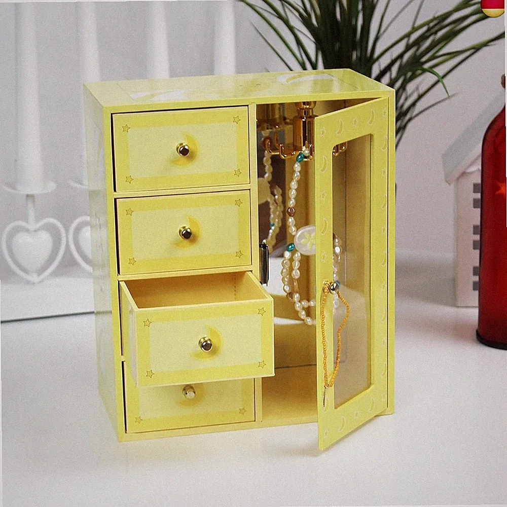 Schmuckschrank Holz mit Schubladen Spiegel Schmuckkästchen (Yellow)