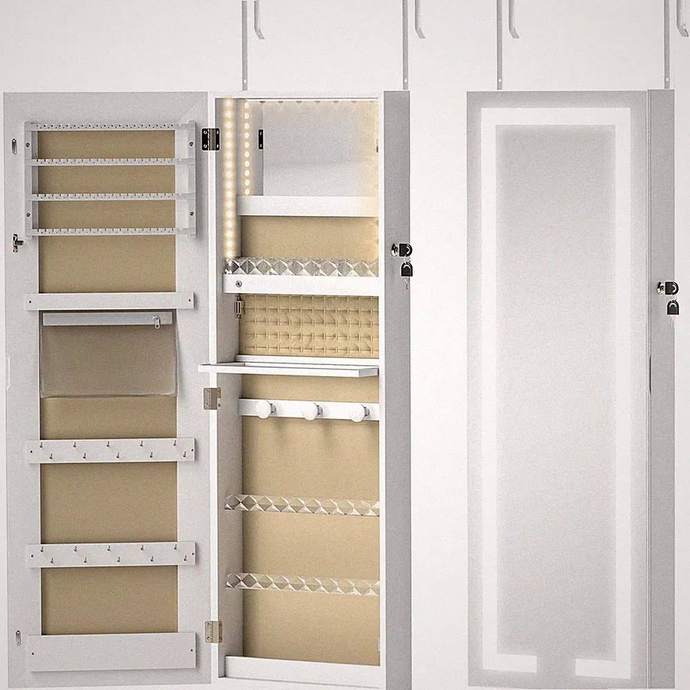 Schmuckschrank mit LED, abschließbarer Wand/Tür Schmuck Organizer mit Spiegel, 37 x