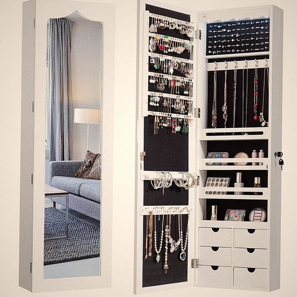 Schmuckschrank mit LED Beleuchtung, 6 Schubladen und Spiegel, Sipegelschrank...