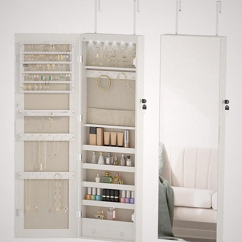 Schmuckschrank mit LED Spiegelschrank Wandschrank Wand-/Türmontage MDF