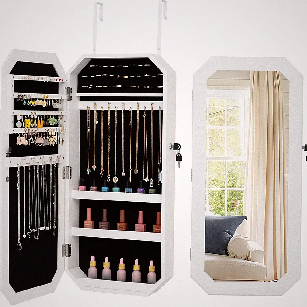 Schmuckschrank mit Spiegel abschließbar Wandmontage Schmuck Organizer Weiß