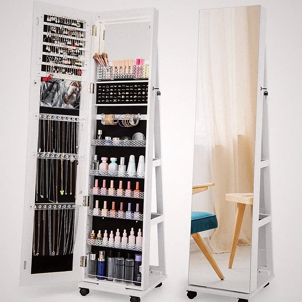 Schmuckschrank mit Spiegel LED Licht abschließbar Rollen Schmuck Organizer
