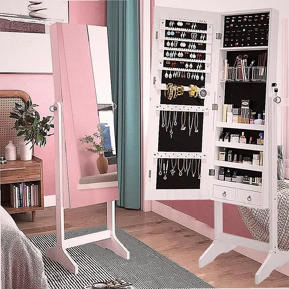Schmuckschrank mit Spiegel Schmuck Spiegelschrank Abschließbar Standspiegel Weiß