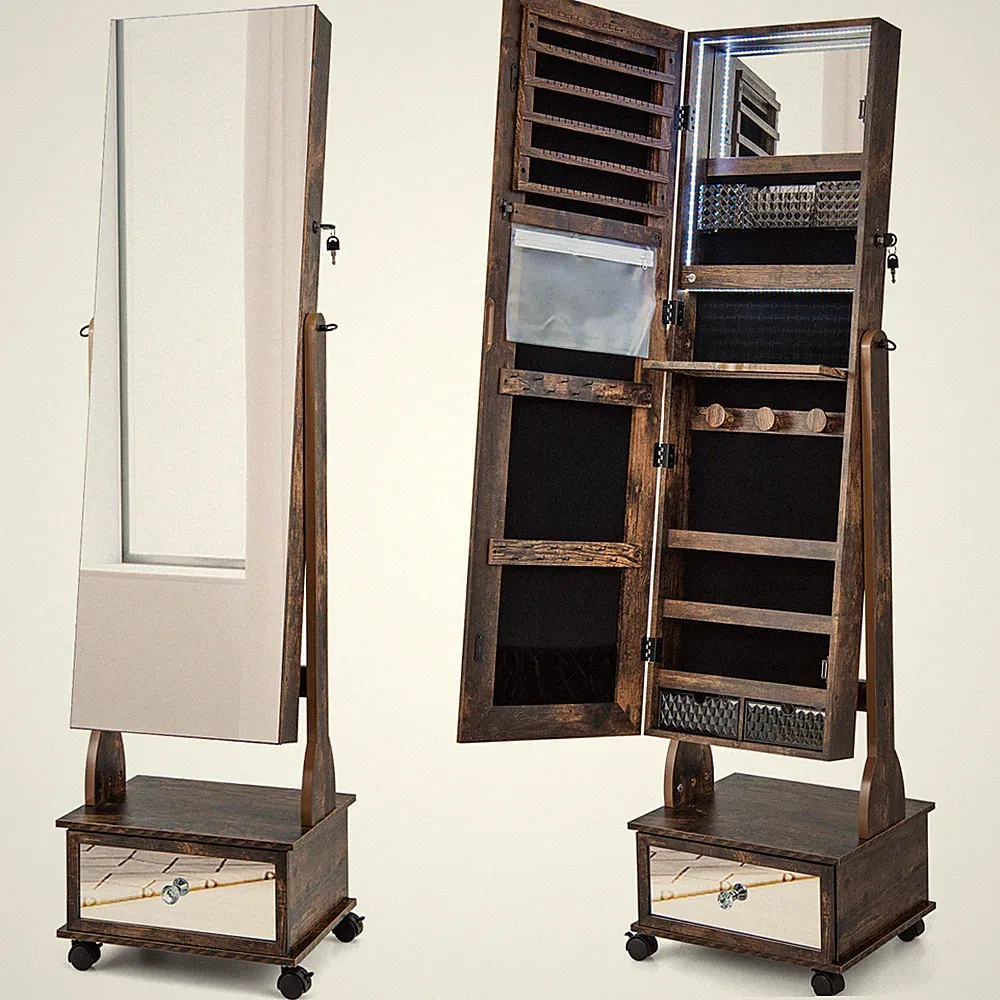 Schmuckschrank Schmuckspiegel mit 3 Spiegeln mit Rollen & Leuchten