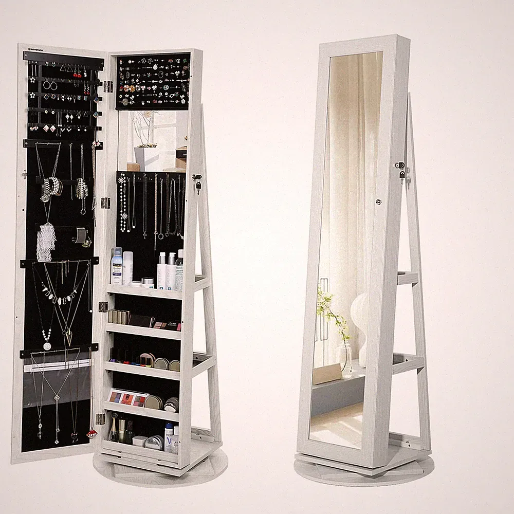 Schmuckschrank Spiegelschrank abschließbar um360° drehbar mit Leiterregal CBJ62W