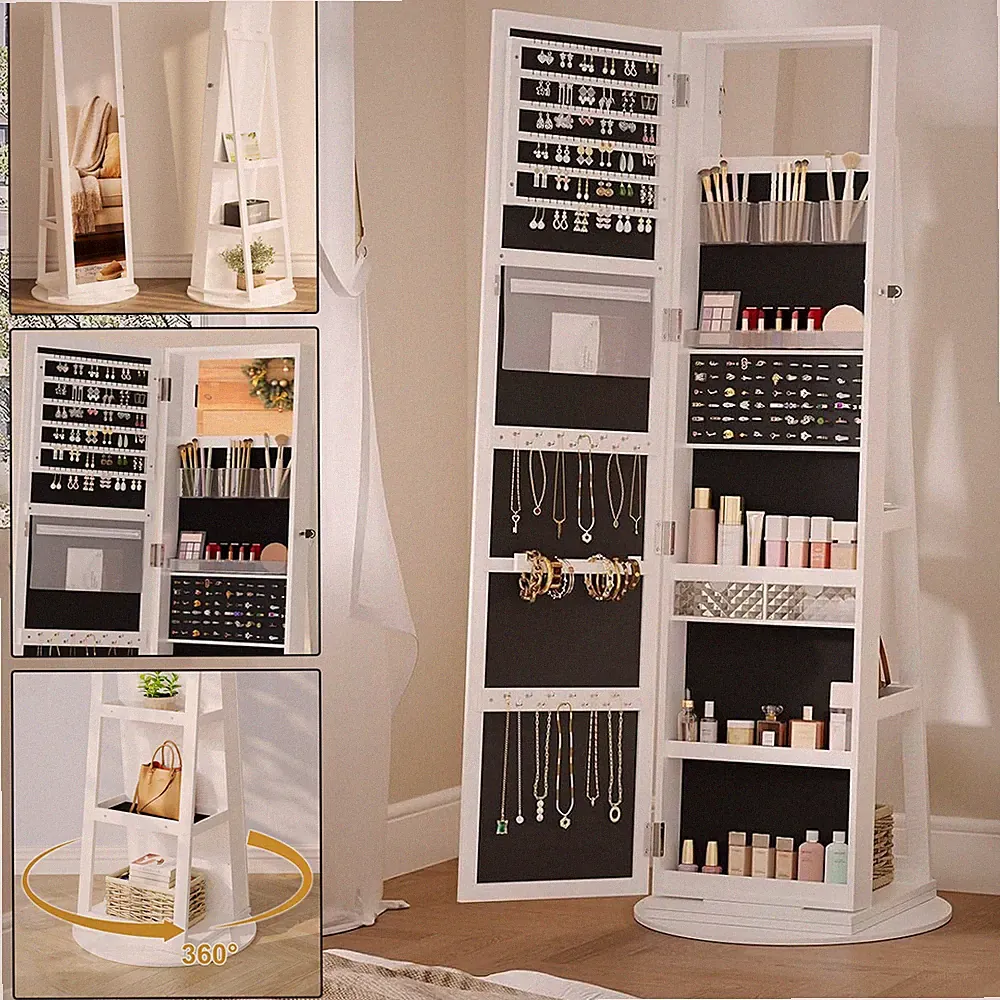 Schmuckschrank Standspiegel 360°Drehbar Spiegelschrank Abschließbar Schmuckregal